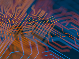 Circuit board futuristic server code processing. Orange, blue technology background with bokeh. 3d Illustration