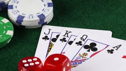 Gambling Red Dice Poker Cards and Money Chips