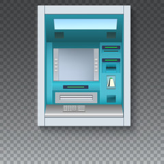 Bank Cash Machine. ATM - Automated teller machine with blank screen and carefully drawn details on transparent backdrop. Template for flyers, cover, presentation or poster.
