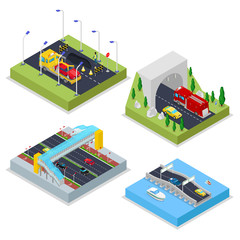 Isometric Urban Infrastructure with Avenue, Tunnel, Cars and Bridge. City Traffic. Vector flat 3d illustration
