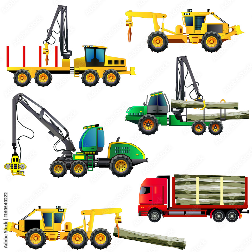 Wall mural wood cutting industry equipment. vector illustrations set. icons, isolated on white.