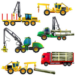 Wood cutting industry equipment. Vector illustrations set. Icons, isolated on white. - obrazy, fototapety, plakaty