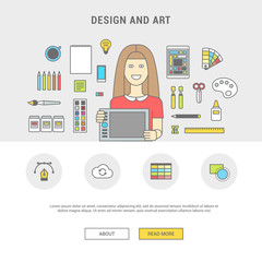 Flat design vector illustration of lineart, designer workplace. Designer woman with graphic tablet and accessories. Minimalist style and color for Web and Mobile App