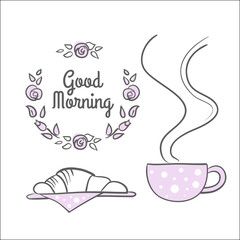 Good morning. Hand drawn breakfast illustration. Drink and croissant. Floral frame.