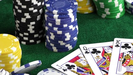 Gambling Red Dice Poker Cards and Money Chips