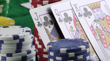 Gambling Red Dice Poker Cards and Money Chips