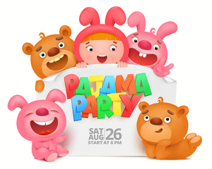 pajama party invitation card with cartoon funny characters