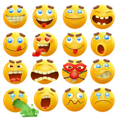 Set of yellow emoticon smiley faces characters
