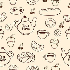 Seamless pattern with hand drawn teapot, pies, muffins for bakery menu, textile, wallpapers, gift wrap and scrapbook. Vector illustration.