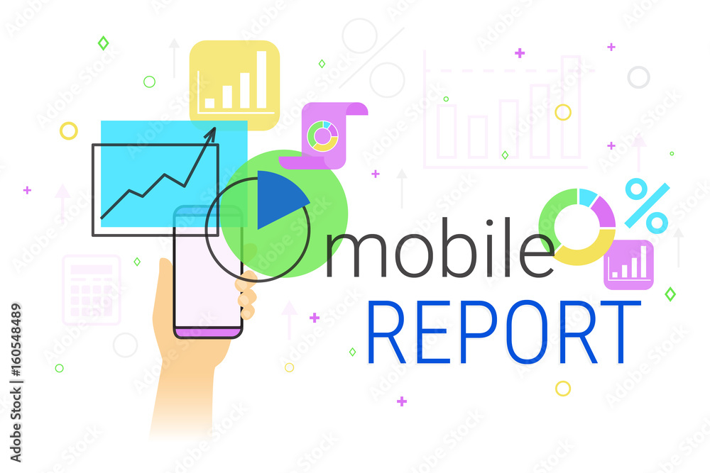 Poster mobile report and accounting on smartphone creative concept vector illustration. human hand holds sm