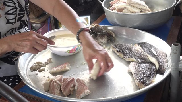 4K Preparation step thaii food striped snakehead fish Boiled fish fillet 