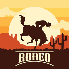 rodeo poster with cowboy silhouette riding on wild horse and bull. vector illustration