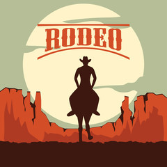 rodeo poster with cowboy silhouette riding on wild horse and bull. vector illustration