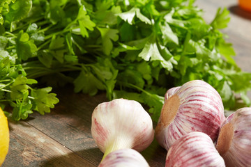 Healthy Food & drink diet Italian lifestyle: Mediterranean fruits vegetables herbs spices. Top view. Wooden rustic background.