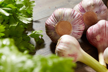 Healthy Food & drink diet Italian lifestyle: Mediterranean fruits vegetables herbs spices. Top view. Wooden rustic background.