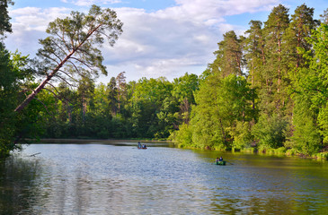 Recreational area along tributary of Dnieper River in Kyiv, Ukraine.