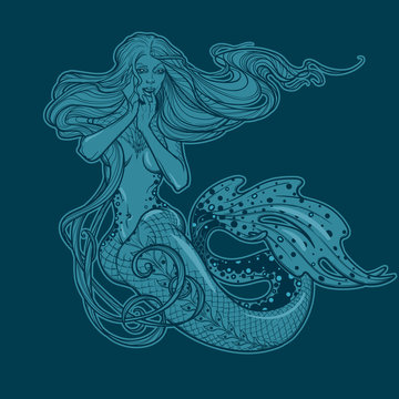 Beautiful mermaid girl sitting hand drawn artwork. Sensual and dangerous ocean siren in retro style. Sea, fantasy, spirituality, mythology, tattoo art, coloring books. Isolated vector illustration.