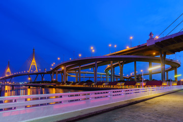Bhumibol  bridge 2 so called Industrial Ring Bridge crossing The Chao Phraya River with reflection , Bangkok, Thailand