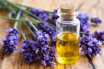 A bottle of essential oil with fresh lavender twigs