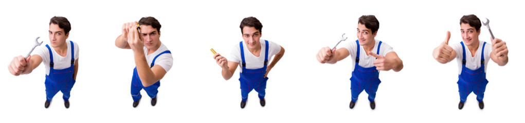 Funny repairman with tools isolated on white