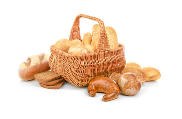 Beautiful composition with wicker basket and different bread