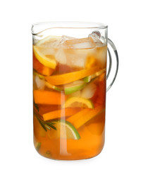 Tasty lemonade with slices of citrus fruits on white background