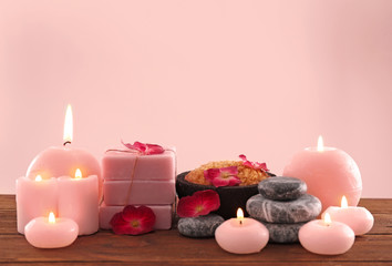 Beautiful spa composition with hydrangea flowers on wooden table