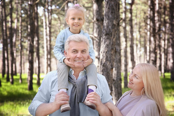 Happy senior couple with granddaughter in forest on sunny day