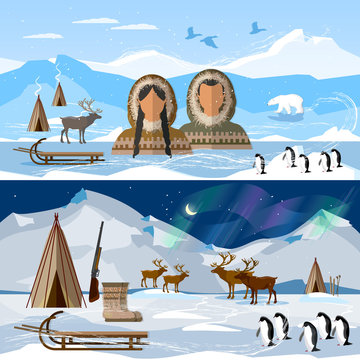 Wild north arctic banner, people in traditional eskimos costume and arctic animals. Life in the far north. Reindeer, polar day and polar night. Extreme journey to Alaska