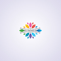 Summer bright flower, with multi-colored petals, emblem.
