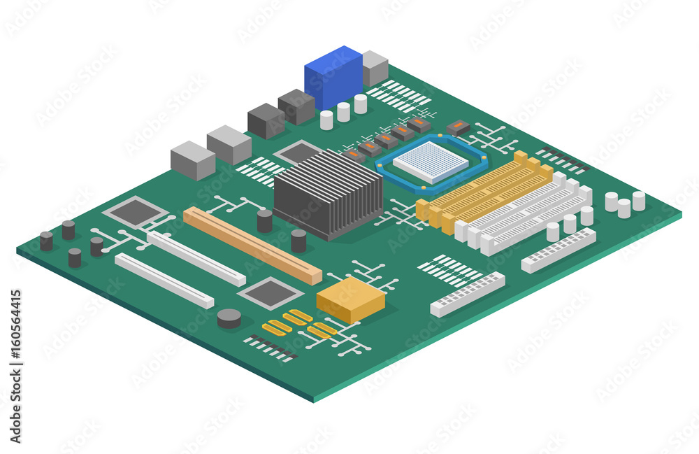 Poster isometric flat 3d isolated concept vector computer motherboard information system