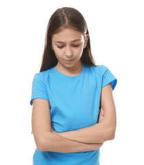 Fototapeta premium Cute upset girl on white background
