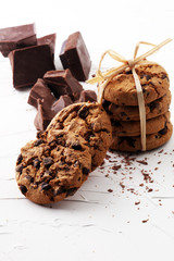 Chocolate cookies on white background. Chocolate chip cookies sh