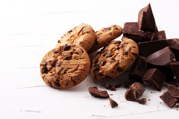 Chocolate cookies on white background. Chocolate chip cookies shot