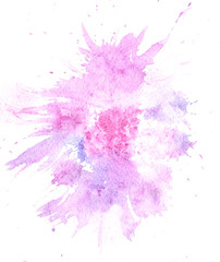 Abstract watercolor splash stain, hand drawn colorful pink and purple beautiful illustration isolated on white background. 
