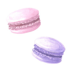 Watercolor hand drawn macaron french cakes, colorful dessert pastry. Food illustration isolated on white background.