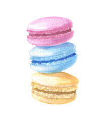 Watercolor hand drawn macaron french cakes pile, colorful dessert pastry. Food illustration isolated on white background.