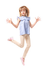 Little jumping girl on white background