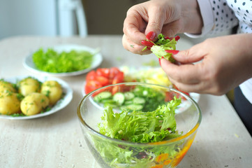 Female hands are cooking vegetable salad at the kitchen