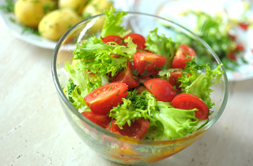 fresh vegetable salad with tomato, cucumber and salad frisee