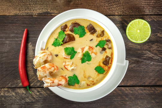 Tom Yam, traditional Thai soup with shrimps and mushrooms