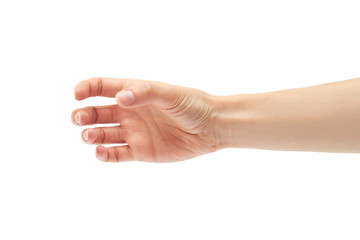 Beautiful female hand holding gesture. Isolated on white background