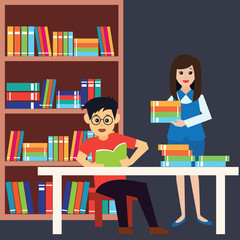 man and woman in a library, working, reading a book. vector illustration