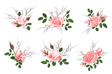Obraz premium Bouquet of pink roses, can be used as greeting card, invitation card for wedding, birthday and other holiday and spring, summer background. Vector illustration EPS10.