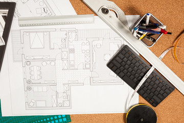 Blueprints on an architect table. Construction and architecture. Project and design