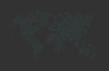 Hexadecimal computer code in the form of a silhouette of the world map. Blue symbols on dark gray background. Abstract background. Hacker attack. Generated computer code concept