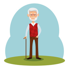 Old man with walking cane over blue green and white background vector illustration