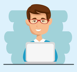 Man with glasses and laptop over light blue background vector illustration