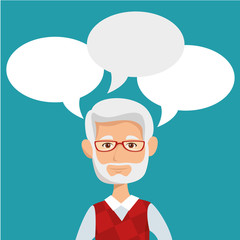 Old man with speech balloons over teal background vector illustration