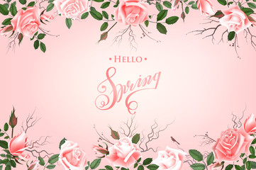 Hello Spring Background with Roses. Hand Drawn Lettering